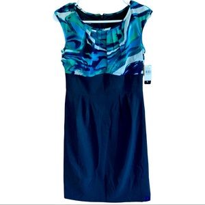 AB Studio Dress Sleeveless Marble Turquoise Blue Green White Pleat Black A-Line